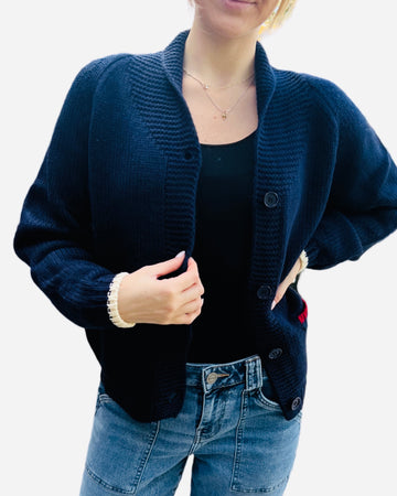 Navy Flag Cardigan with  MULTI Tipping Detail