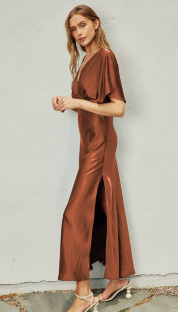 Beatrice Bat Wing Sleeve Satin  Dress in Sienna Brown