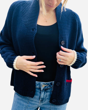 Navy Flag Cardigan with  MULTI Tipping Detail