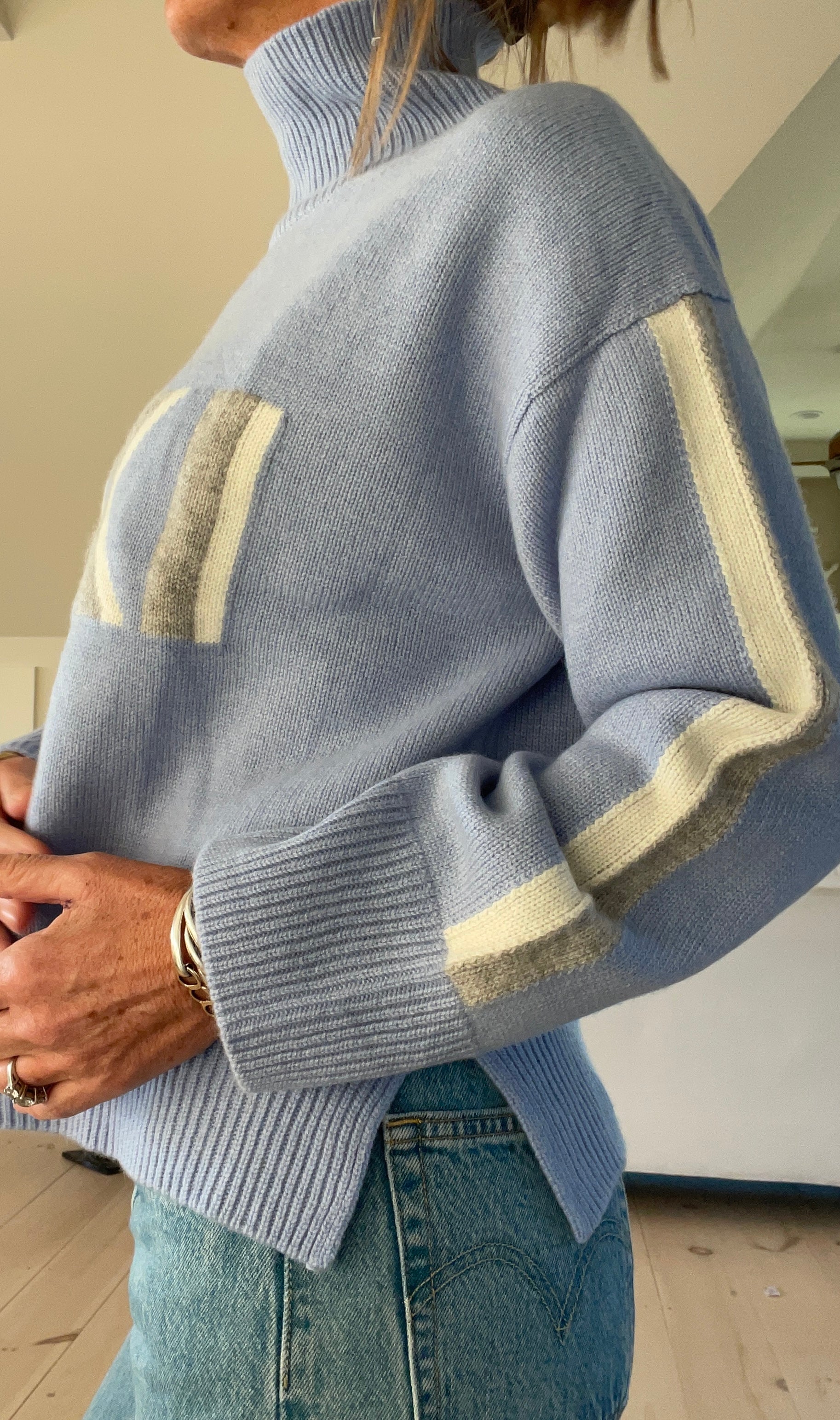 Women's Retro 100% Cashmere Turtleneck Ski Sweater BLUE