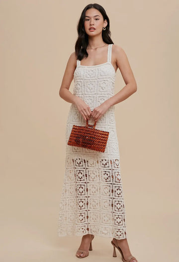 Island getaway, crochet maxi dress