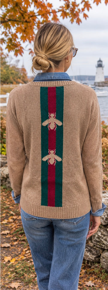 Camel Bee Cashmere V-Neck Sweater