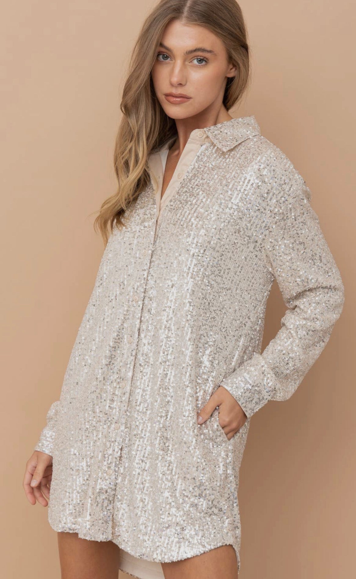 Champagne Sequin Button Down Shirt Dress