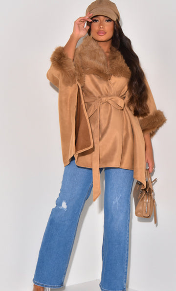 Faux fur belted cape