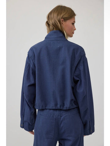 Stand Collar Drawstring Jacket in Washed Navy