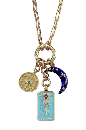 Charmed Paperclip Carabiner Necklace Tarot Card, Evil Eye and Moon