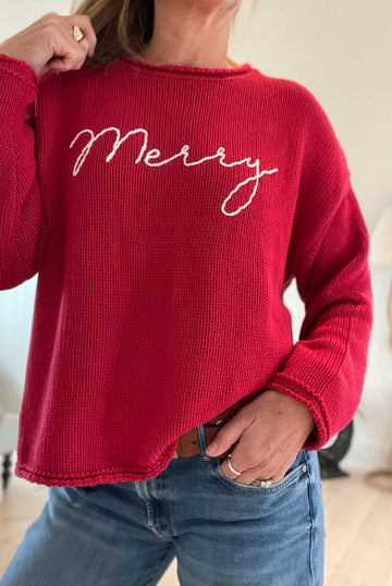 Chunky Embroidered Merry Sweater - Red