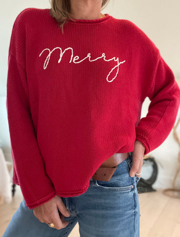 Chunky Embroidered Merry Sweater - Red