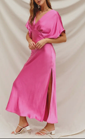 Bat wing sleeve satin dress in Cosmo pink