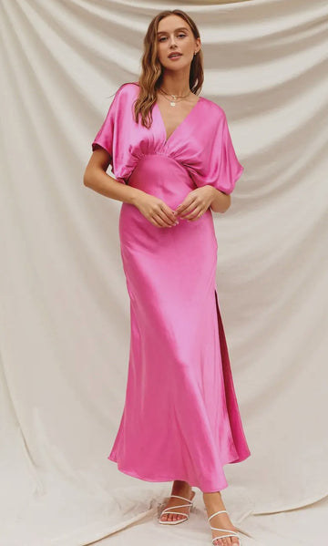 Bat wing sleeve satin dress in Cosmo pink