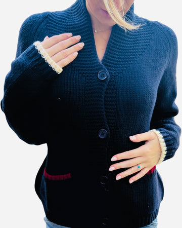 Navy Flag Cardigan with  MULTI Tipping Detail