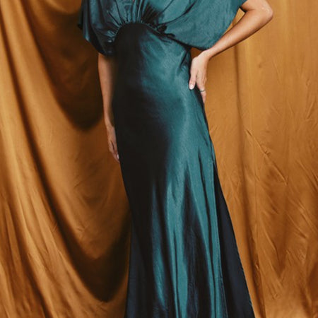 Beatrice Bat Wing Sleeve Satin Dress in Deep Jasper
