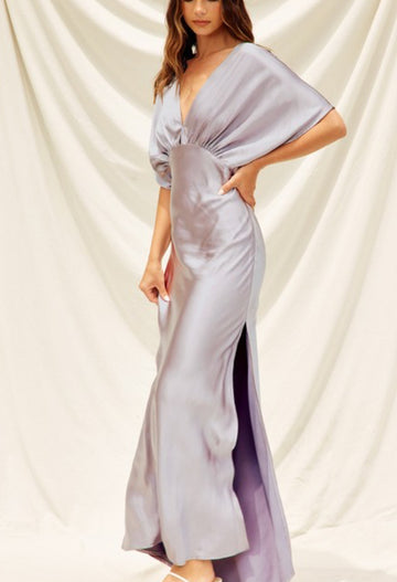 Bat Wing Sleeve Satin Dress in Lavender