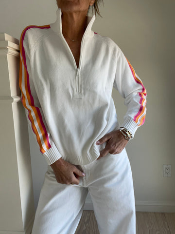Retro 1/2 Zip Cotton Sweater (White/Pink/Orange)