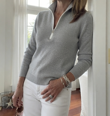 1/2 Zip Cotton Sweater in Solid Gray