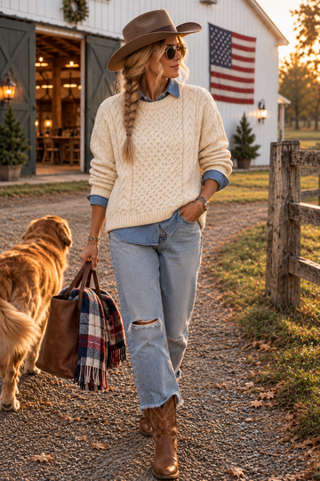 Cable Flag Sweater in Ivory (Flag On Back)
