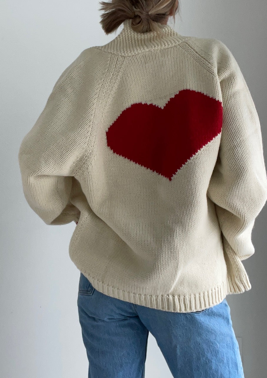 Shop Varsity Chunky Heart Cardigan in Ivory and Red