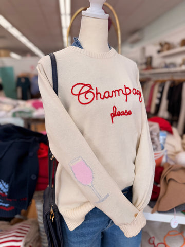 Champagne Please Boxy Cotton Sweater in Ivory/Red