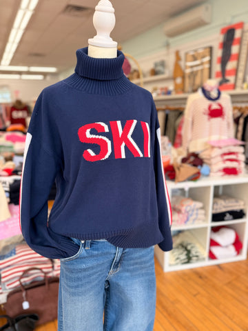 Cotton Turtleneck SKI Sweater in Navy/Red