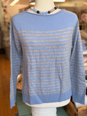 Mariner 100% Cashmere Boatneck Sweater in Cerulean/Gray Stripes