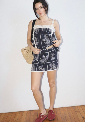 Eyelet Lace Trim Camisole & Skirt Set In Navy Seashell