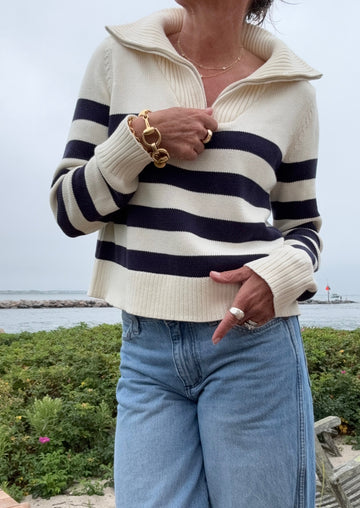 Hey Matey Cotton 1/2 Zip Sweater Navy/Cream