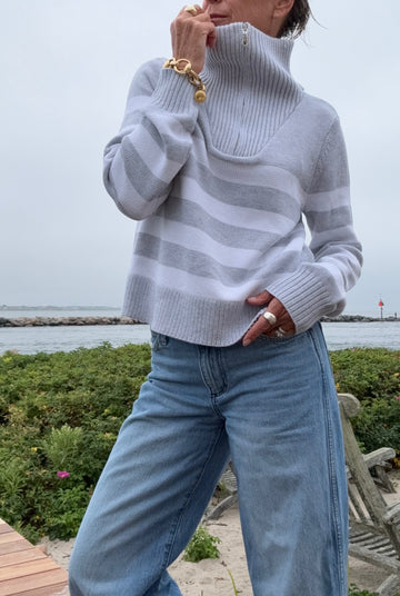 Hey Matey Cotton 1/2 Zip Sweater Gray & White
