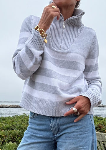 Hey Matey Cotton 1/2 Zip Sweater Gray & White