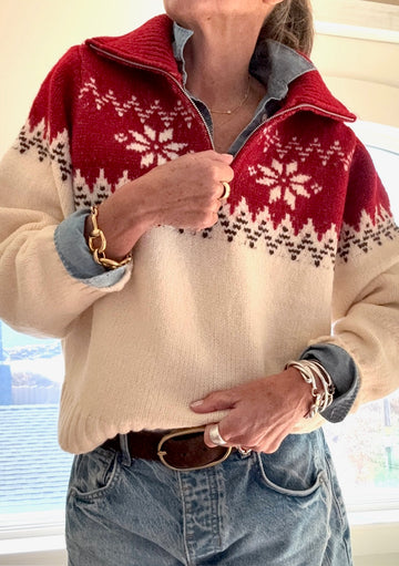 1/4 Zip Traditional Norwegian Sweater in Red/Ivory