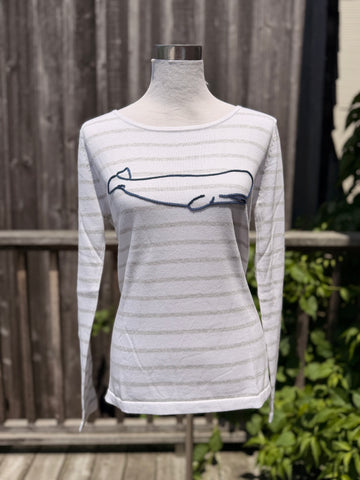 Whale Outline Gray Stripe Boat Neck Cotton Sweater