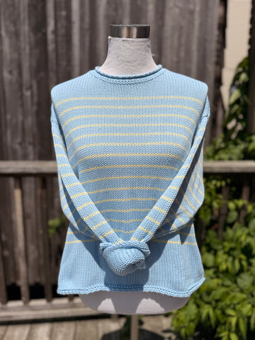 Chloe Stripe Cotton Roll Neck Sweater in Butter Yellow and Blue