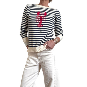 Classic Striped Lobster Cotton Sweater in Navy/Ivory