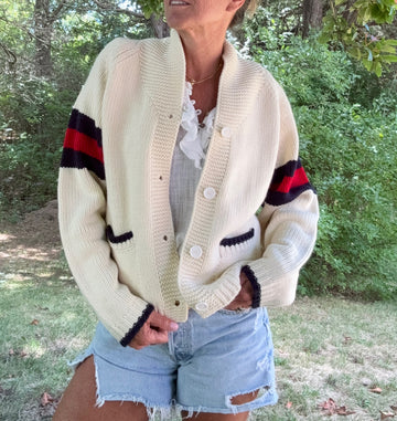 Sunday Funday Varsity Football Cardigan in Ivory