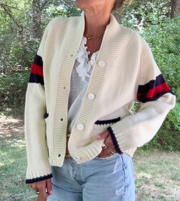 Sunday Funday Varsity Football Cardigan in Ivory