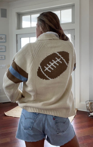 Varsity Sweater FOOTBALL cardigan Tan/Blue stripe