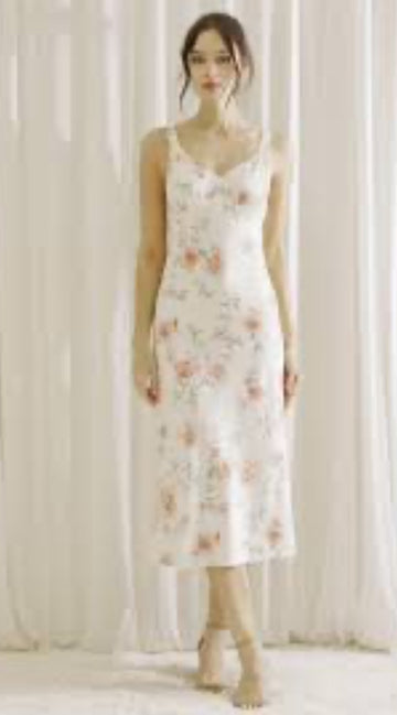 Ivory and Pink Floral Midi Slip Dress