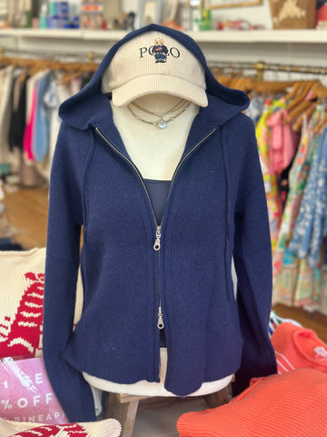 Cashmere Hooded Zip-Up Sweater in Navy or Gray