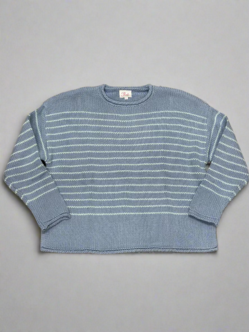 Chloe Stripe Cotton Roll Neck Sweater in Seafoam and Blue