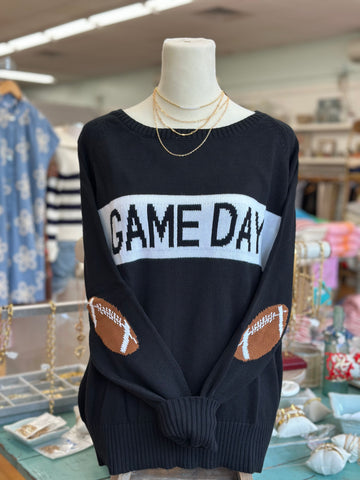 Gameday Sweater with Football Elbows in Black/White Stripe