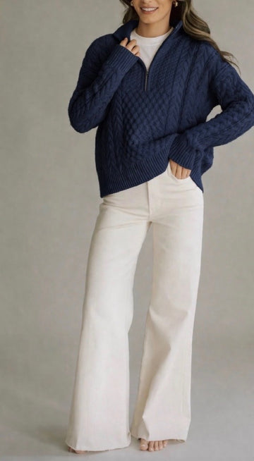 FLAG 1/2 Zip Cable Sweater in Navy