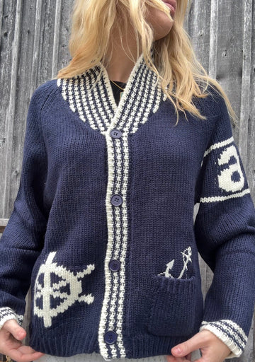 Sketchbook Sailboat Varsity Cardigan in Navy