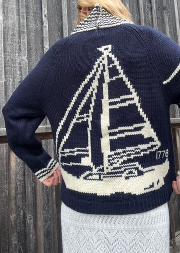 Sketchbook Sailboat Varsity Cardigan in Navy