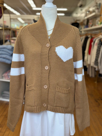 Varsity Chunky Heart Cardigan in Brown/White
