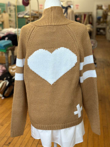 Varsity Chunky Heart Cardigan in Brown/White