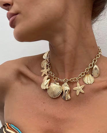 Golden Seashell & Starfish Statement Necklace
