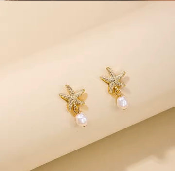 Golden Starfish & Pearl Drop Earrings