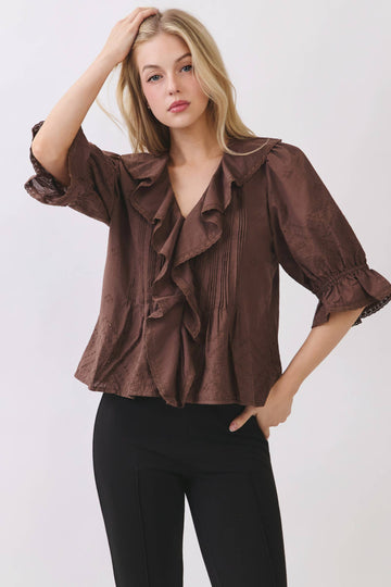 Chloe Pintuck Ruffle Blouse in Brown