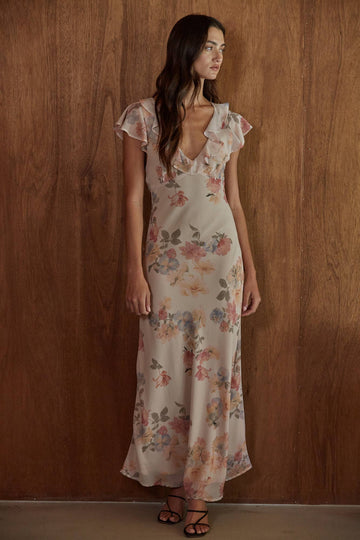 Vintage Bloom Ruffle Maxi Dress