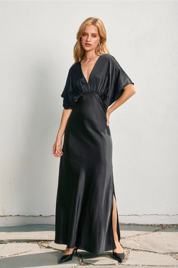 Beatrice Bat Wing Sleeve Satin Dress in Black