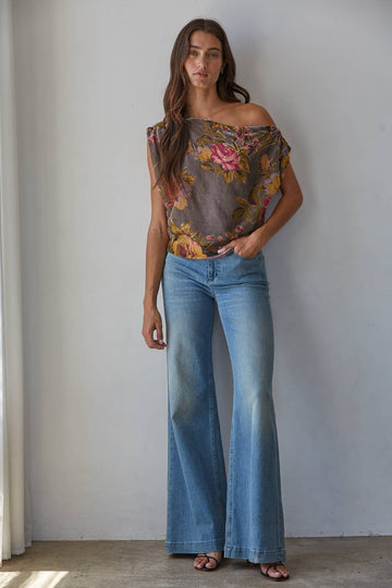 Emory Floral Print Asymmetrical Off Shoulder Top